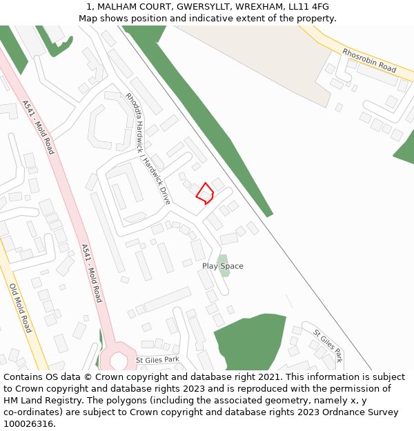 1, MALHAM COURT, GWERSYLLT, WREXHAM, LL11 4FG: Location map and indicative extent of plot