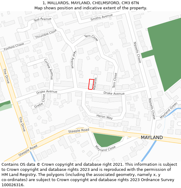 1, MALLARDS, MAYLAND, CHELMSFORD, CM3 6TN: Location map and indicative extent of plot