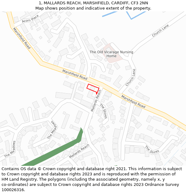 1, MALLARDS REACH, MARSHFIELD, CARDIFF, CF3 2NN: Location map and indicative extent of plot