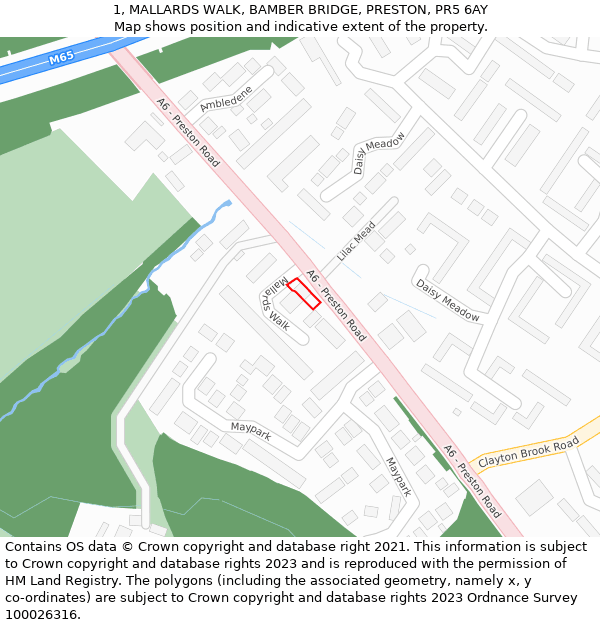 1, MALLARDS WALK, BAMBER BRIDGE, PRESTON, PR5 6AY: Location map and indicative extent of plot