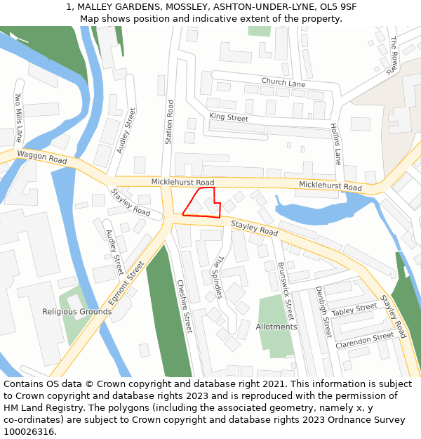 1, MALLEY GARDENS, MOSSLEY, ASHTON-UNDER-LYNE, OL5 9SF: Location map and indicative extent of plot