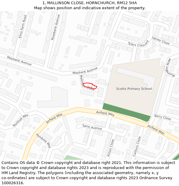 1, MALLINSON CLOSE, HORNCHURCH, RM12 5HA: Location map and indicative extent of plot