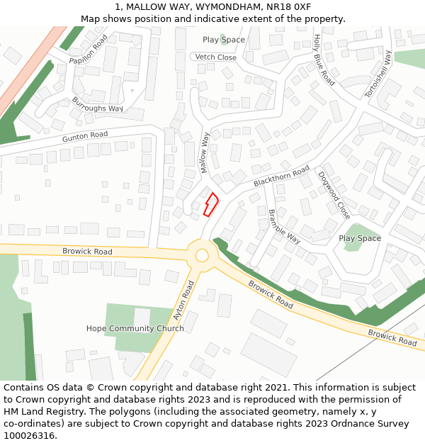 1, MALLOW WAY, WYMONDHAM, NR18 0XF: Location map and indicative extent of plot