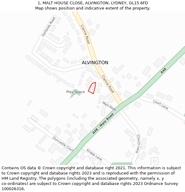 1, MALT HOUSE CLOSE, ALVINGTON, LYDNEY, GL15 6FD: Location map and indicative extent of plot