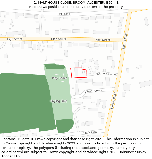 1, MALT HOUSE CLOSE, BROOM, ALCESTER, B50 4JB: Location map and indicative extent of plot