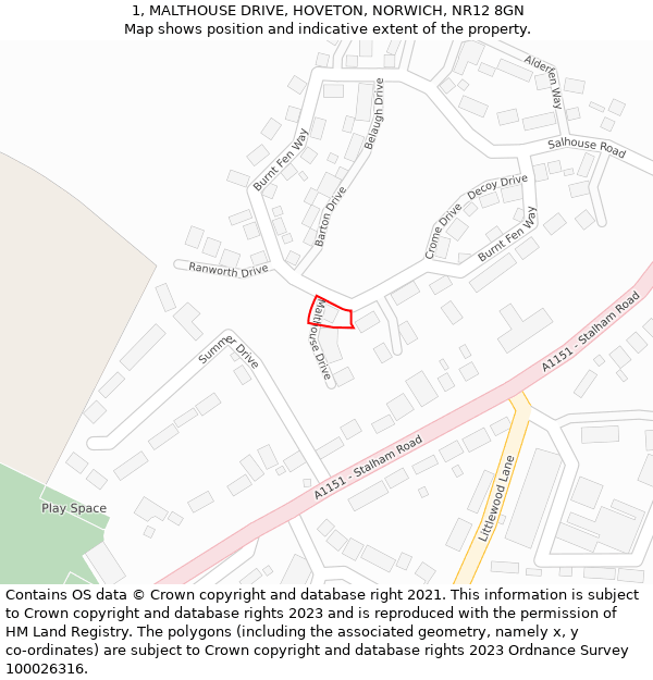 1, MALTHOUSE DRIVE, HOVETON, NORWICH, NR12 8GN: Location map and indicative extent of plot