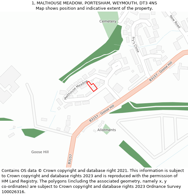 1, MALTHOUSE MEADOW, PORTESHAM, WEYMOUTH, DT3 4NS: Location map and indicative extent of plot