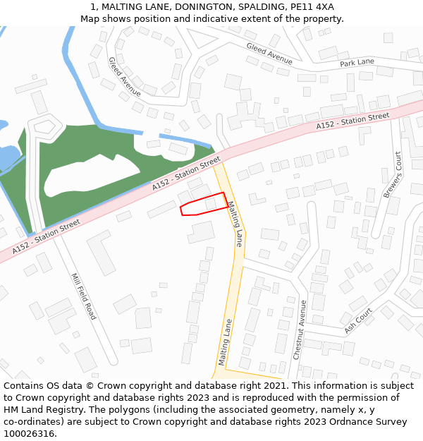 1, MALTING LANE, DONINGTON, SPALDING, PE11 4XA: Location map and indicative extent of plot