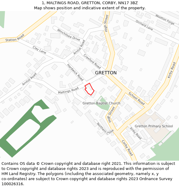 1, MALTINGS ROAD, GRETTON, CORBY, NN17 3BZ: Location map and indicative extent of plot