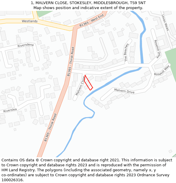 1, MALVERN CLOSE, STOKESLEY, MIDDLESBROUGH, TS9 5NT: Location map and indicative extent of plot