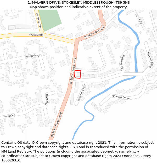 1, MALVERN DRIVE, STOKESLEY, MIDDLESBROUGH, TS9 5NS: Location map and indicative extent of plot