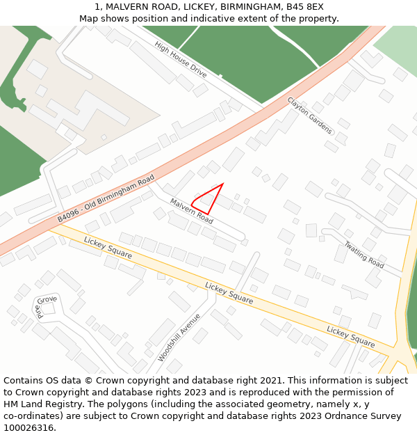 1, MALVERN ROAD, LICKEY, BIRMINGHAM, B45 8EX: Location map and indicative extent of plot