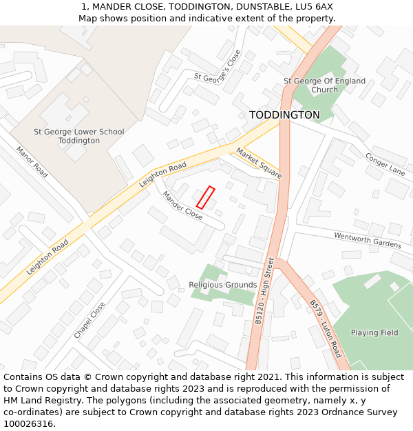 1, MANDER CLOSE, TODDINGTON, DUNSTABLE, LU5 6AX: Location map and indicative extent of plot