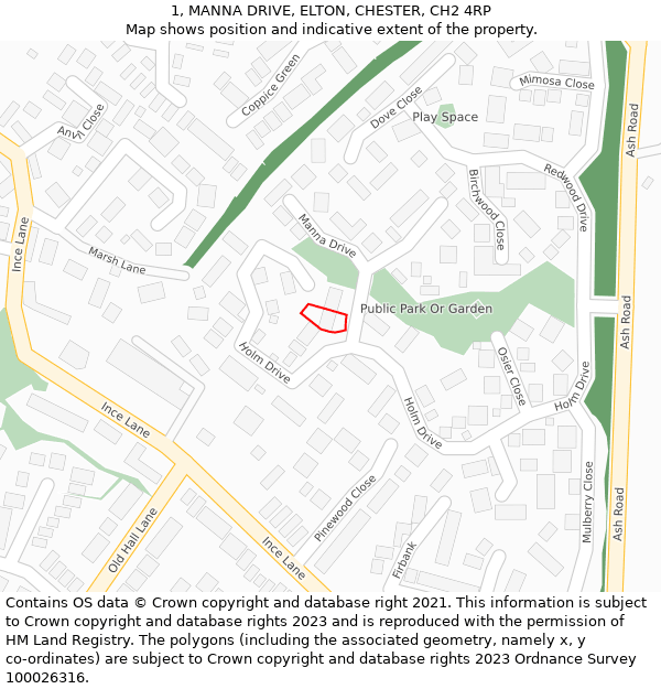 1, MANNA DRIVE, ELTON, CHESTER, CH2 4RP: Location map and indicative extent of plot