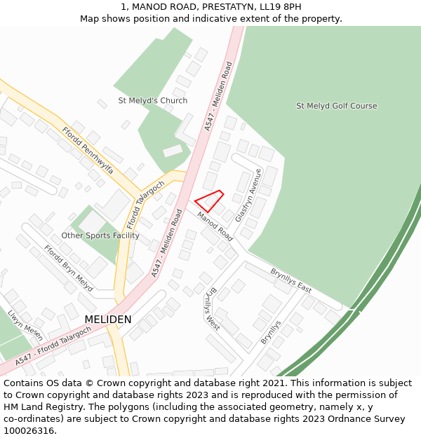 1, MANOD ROAD, PRESTATYN, LL19 8PH: Location map and indicative extent of plot