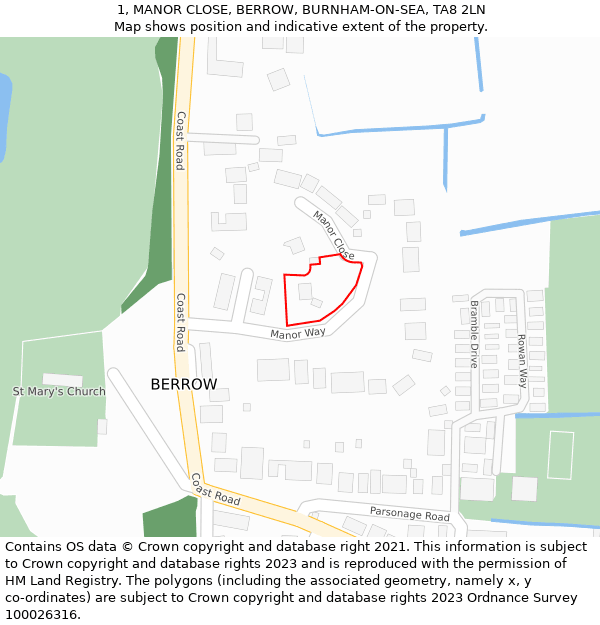 1, MANOR CLOSE, BERROW, BURNHAM-ON-SEA, TA8 2LN: Location map and indicative extent of plot