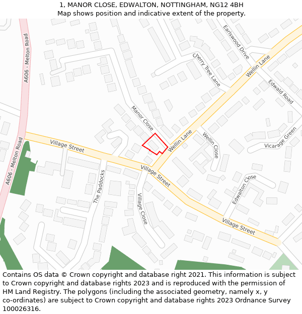 1, MANOR CLOSE, EDWALTON, NOTTINGHAM, NG12 4BH: Location map and indicative extent of plot