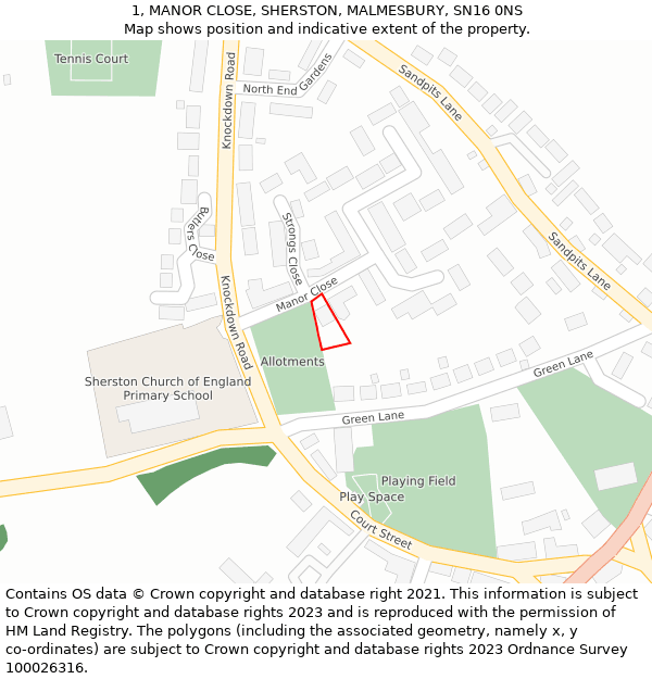 1, MANOR CLOSE, SHERSTON, MALMESBURY, SN16 0NS: Location map and indicative extent of plot