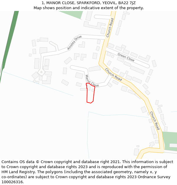 1, MANOR CLOSE, SPARKFORD, YEOVIL, BA22 7JZ: Location map and indicative extent of plot