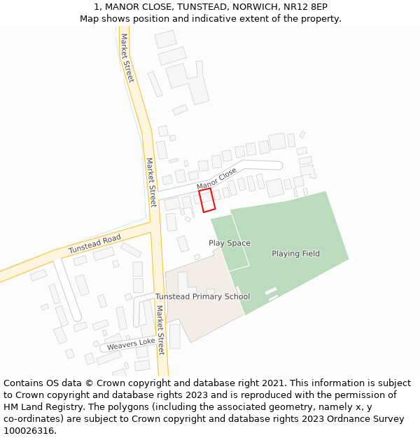 1, MANOR CLOSE, TUNSTEAD, NORWICH, NR12 8EP: Location map and indicative extent of plot