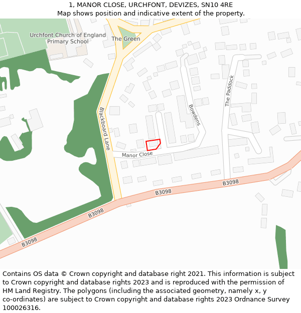 1, MANOR CLOSE, URCHFONT, DEVIZES, SN10 4RE: Location map and indicative extent of plot