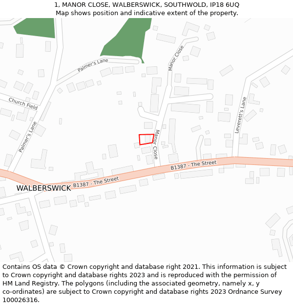 1, MANOR CLOSE, WALBERSWICK, SOUTHWOLD, IP18 6UQ: Location map and indicative extent of plot