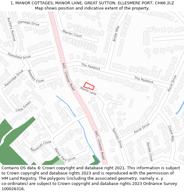 1, MANOR COTTAGES, MANOR LANE, GREAT SUTTON, ELLESMERE PORT, CH66 2LZ: Location map and indicative extent of plot