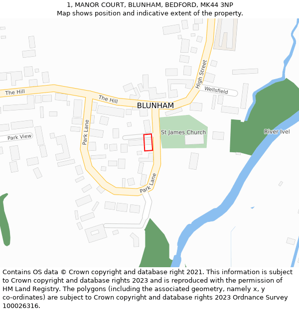 1, MANOR COURT, BLUNHAM, BEDFORD, MK44 3NP: Location map and indicative extent of plot