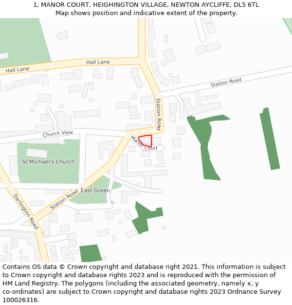 1, MANOR COURT, HEIGHINGTON VILLAGE, NEWTON AYCLIFFE, DL5 6TL: Location map and indicative extent of plot
