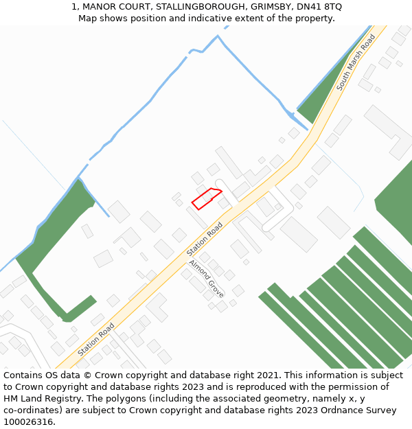 1, MANOR COURT, STALLINGBOROUGH, GRIMSBY, DN41 8TQ: Location map and indicative extent of plot