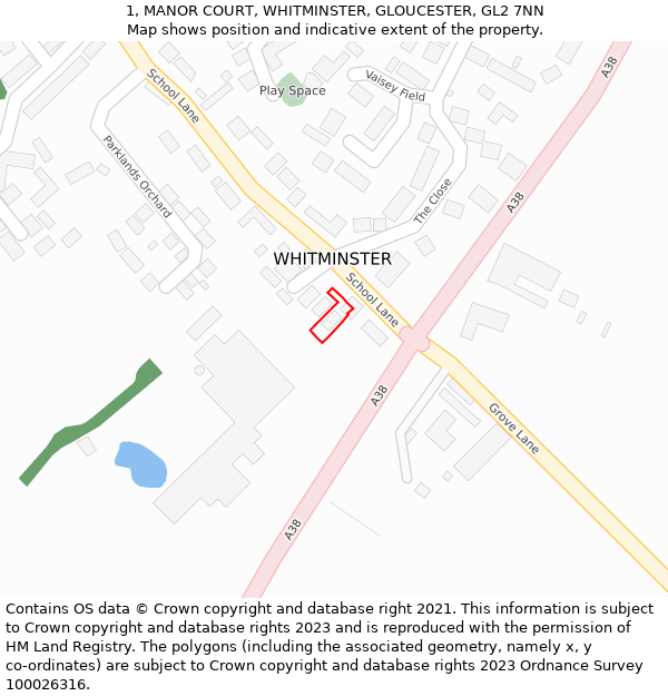 1, MANOR COURT, WHITMINSTER, GLOUCESTER, GL2 7NN: Location map and indicative extent of plot