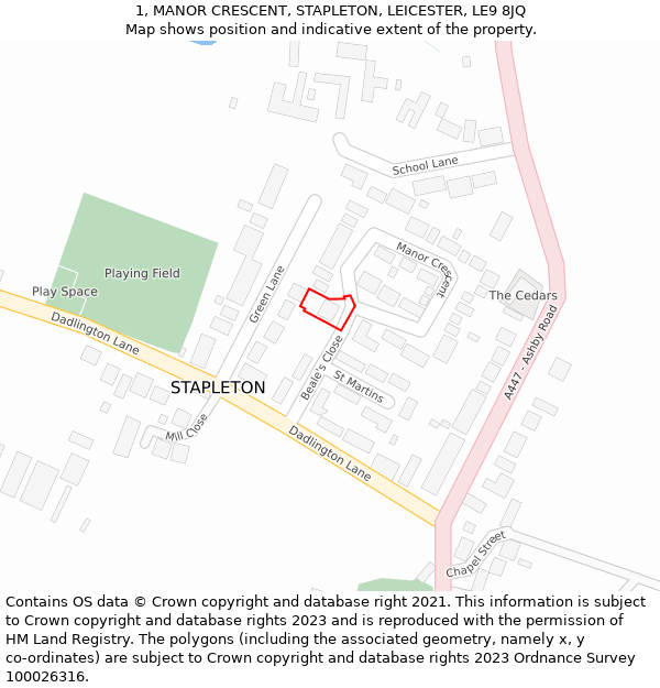 1, MANOR CRESCENT, STAPLETON, LEICESTER, LE9 8JQ: Location map and indicative extent of plot