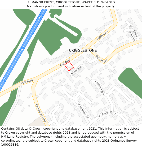 1, MANOR CREST, CRIGGLESTONE, WAKEFIELD, WF4 3FD: Location map and indicative extent of plot