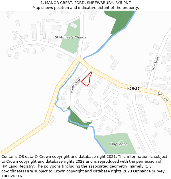 1, MANOR CREST, FORD, SHREWSBURY, SY5 9NZ: Location map and indicative extent of plot