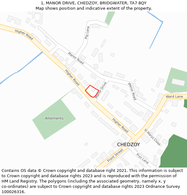 1, MANOR DRIVE, CHEDZOY, BRIDGWATER, TA7 8QY: Location map and indicative extent of plot