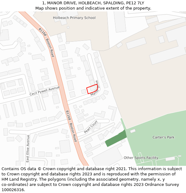 1, MANOR DRIVE, HOLBEACH, SPALDING, PE12 7LY: Location map and indicative extent of plot