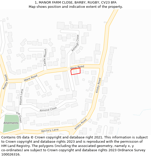 1, MANOR FARM CLOSE, BARBY, RUGBY, CV23 8FA: Location map and indicative extent of plot
