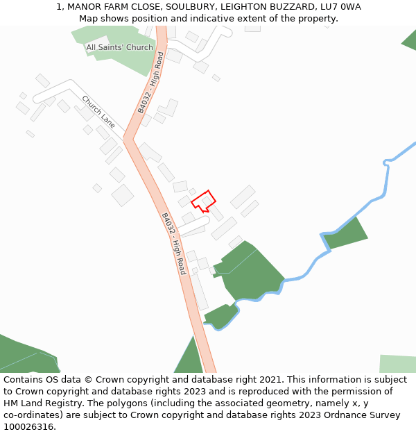 1, MANOR FARM CLOSE, SOULBURY, LEIGHTON BUZZARD, LU7 0WA: Location map and indicative extent of plot