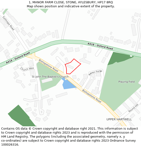 1, MANOR FARM CLOSE, STONE, AYLESBURY, HP17 8RQ: Location map and indicative extent of plot