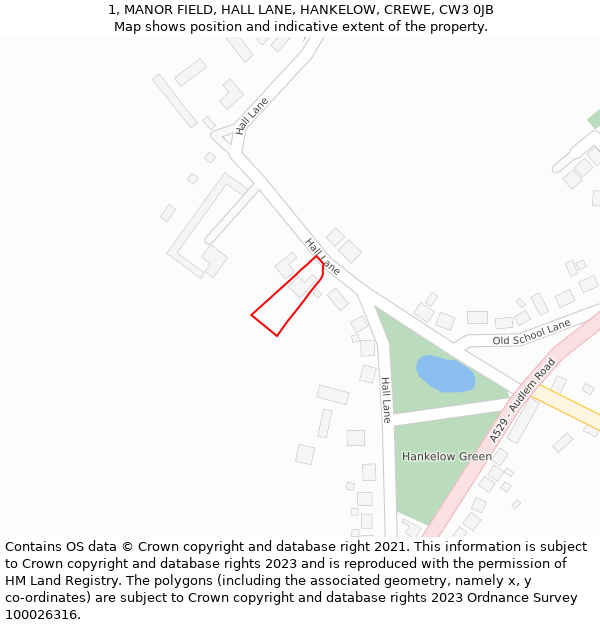 1, MANOR FIELD, HALL LANE, HANKELOW, CREWE, CW3 0JB: Location map and indicative extent of plot