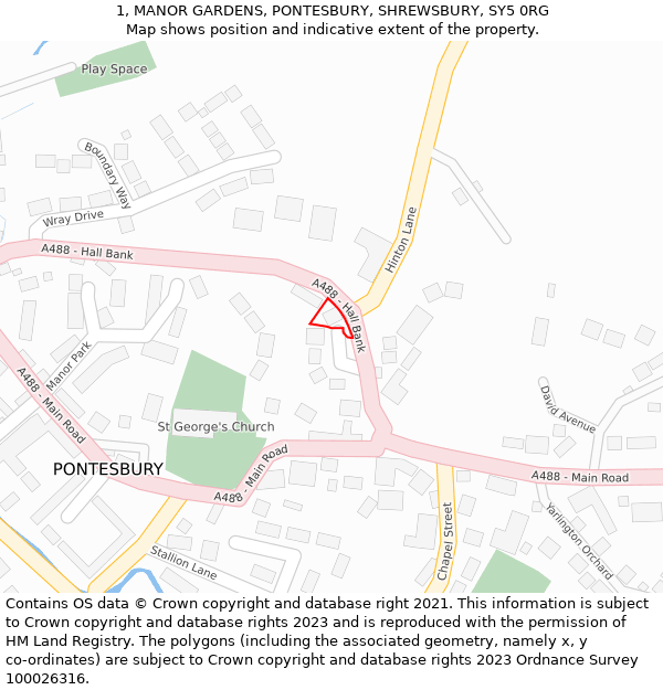 1, MANOR GARDENS, PONTESBURY, SHREWSBURY, SY5 0RG: Location map and indicative extent of plot