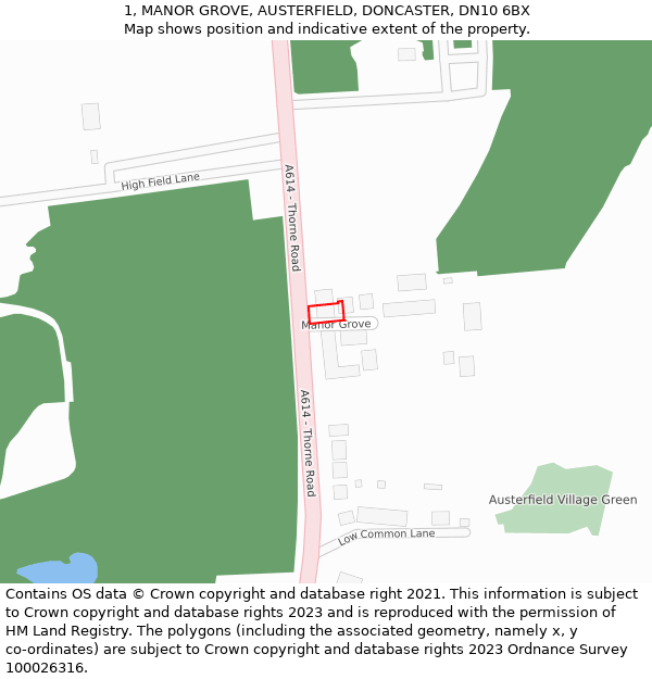 1, MANOR GROVE, AUSTERFIELD, DONCASTER, DN10 6BX: Location map and indicative extent of plot