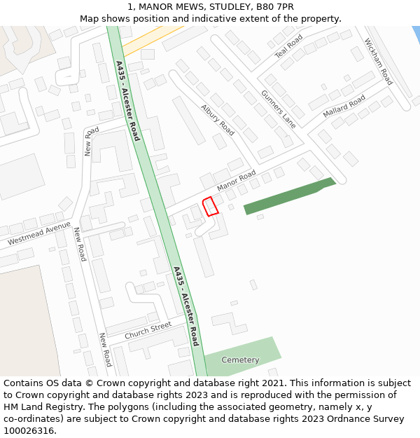 1, MANOR MEWS, STUDLEY, B80 7PR: Location map and indicative extent of plot