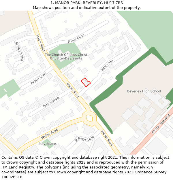 1, MANOR PARK, BEVERLEY, HU17 7BS: Location map and indicative extent of plot
