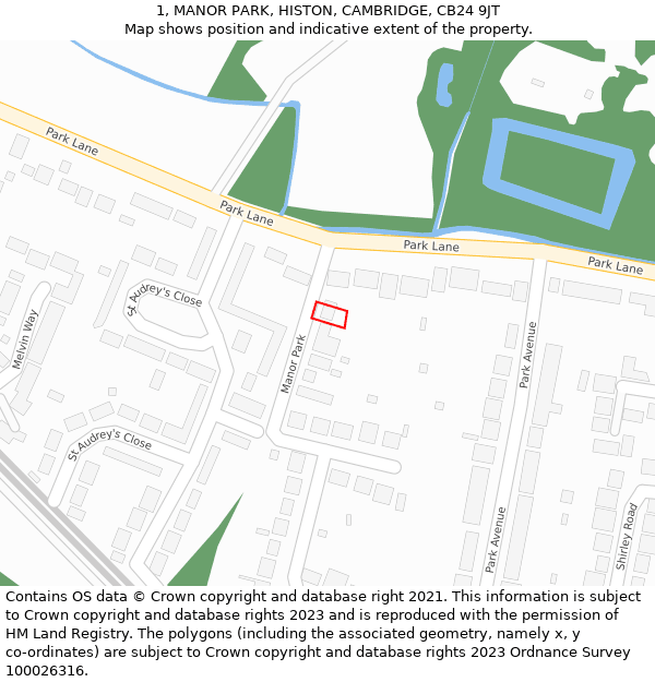 1, MANOR PARK, HISTON, CAMBRIDGE, CB24 9JT: Location map and indicative extent of plot