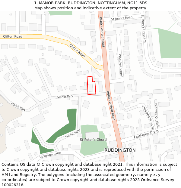 1, MANOR PARK, RUDDINGTON, NOTTINGHAM, NG11 6DS: Location map and indicative extent of plot
