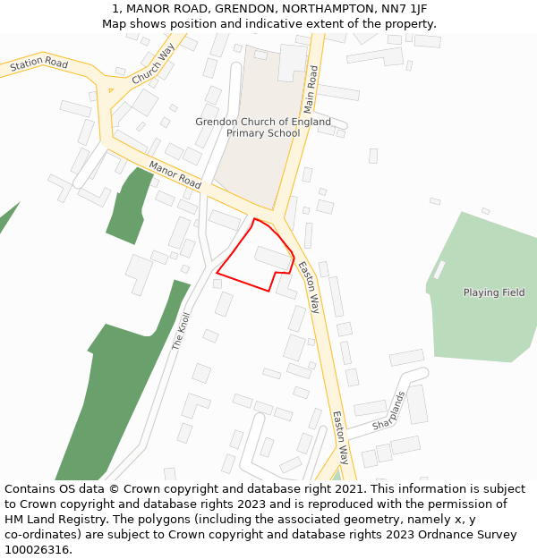 1, MANOR ROAD, GRENDON, NORTHAMPTON, NN7 1JF: Location map and indicative extent of plot
