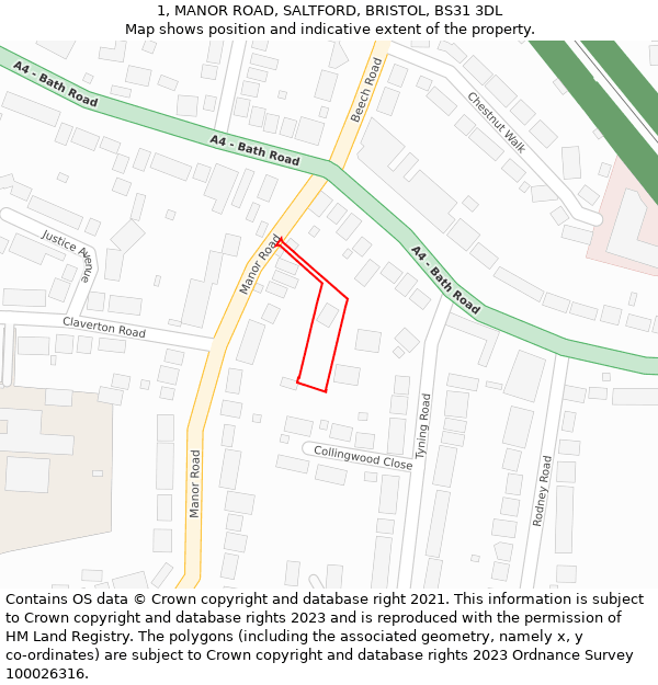 1, MANOR ROAD, SALTFORD, BRISTOL, BS31 3DL: Location map and indicative extent of plot