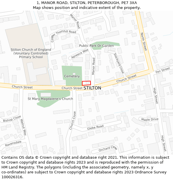 1, MANOR ROAD, STILTON, PETERBOROUGH, PE7 3XA: Location map and indicative extent of plot