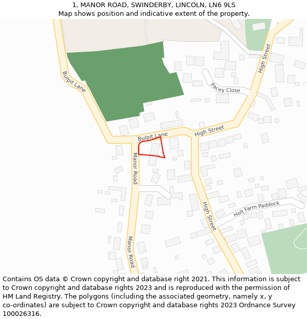 1, MANOR ROAD, SWINDERBY, LINCOLN, LN6 9LS: Location map and indicative extent of plot